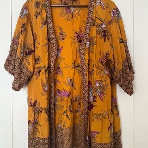 Elegant Golden Yellow and Pink Floral Kimono
